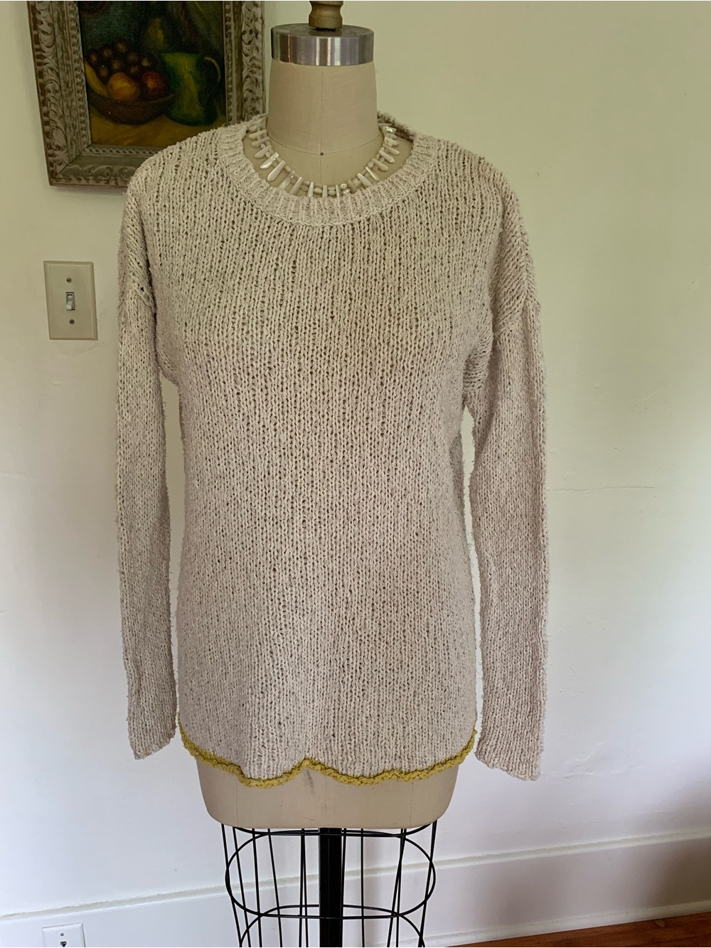 James Perse Cream Knit Crewneck Summer Sweater with Yellow Hem XS 0